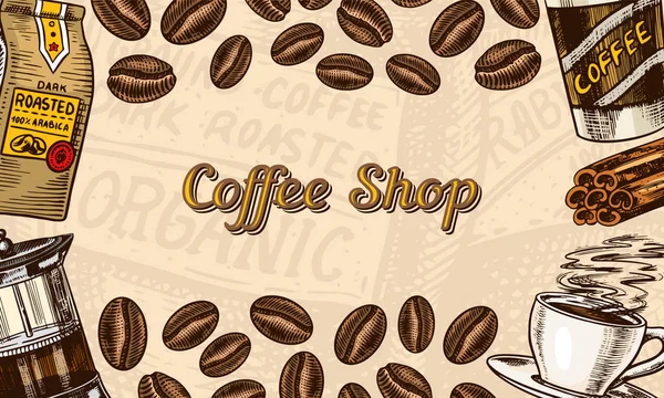 Kaffeebohnen Hintergrund im Vintage-Stil. handgezeichnetes graviertes Poster, Retro-Doodle-Skizze. Tasse und kalligrafischer Inschrift. Banner mit Vektorvorlagen. — Stockvektor