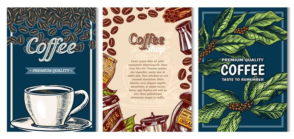 Tarjetas de café de estilo vintage. Cartel grabado a mano, boceto de garabato retro sobre fondo oscuro. Hojas y taza, frijoles e inscripción caligráfica. Banner de plantilla vectorial . — Vector de stock