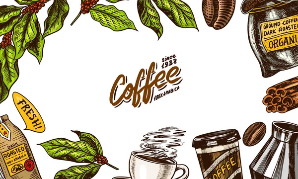 Fondo de café en estilo vintage. Cartel grabado a mano, boceto de garabato retro. Hojas y copa, bolsa e inscripción caligráfica. Banner de plantilla vectorial . — Vector de stock