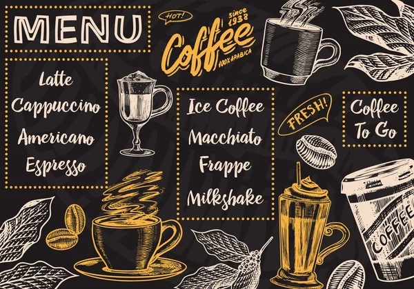 Tło menu kawy w stylu Vintage. Baner szablonu wektorowego. Ręcznie rysowane plakat grawerowany, retro Doodle szkic dla Cafe. Kubek i kaligraficzny napis. — Wektor stockowy