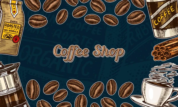 Coffee beans background in vintage style. Hand drawn engraved poster, retro doodle sketch. Cup and calligraphic inscription on dark background. Vector Template Banner. — Stock Vector