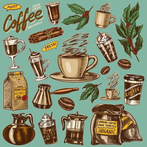 Kaffee im Vintage-Stil. eine Tüte Getreide, Kakaoblätter, Zimtstangen, eine Tasse und eine Teekanne, eine Kaffeemaschine und eine Tüte Milch, kalligrafische Inschrift. Handgezeichnete gravierte Retro-Skizze für Etiketten. — Stockvektor