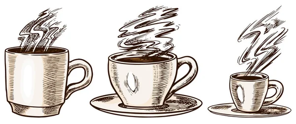 Filiżanka kawy w stylu Vintage. Ręcznie rysowane grawerowane retro szkic etykiet. Gorący napój. Cappuccino Espresso latte, szablon do menu. — Wektor stockowy