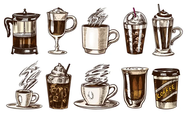 Set de tazas de café en estilo vintage. Llévate a Cappuccino. Dibujo retro grabado a mano . — Vector de stock