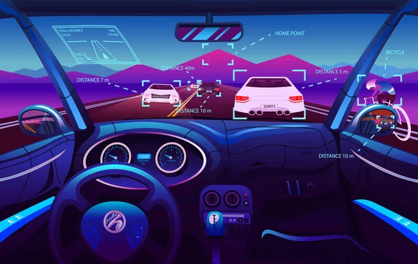 Futuristische voertuig salon, elektrische Smart Car. Weergave van het stuurprogramma. Dashboard bediening in een slimme auto. Virtuele controle of automatisch bestuurde simulatie. Verkeer op een weg. Achtergrond voor de interface. — Stockvector