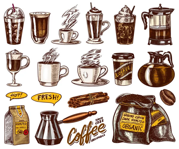 Zestaw filiżanek kawy w stylu Vintage. Wynos espresso i latte, mokka i Americano, cappuccino i Glace, frappe w szklance. Ręcznie rysowane grawerowane retro szkic. — Wektor stockowy