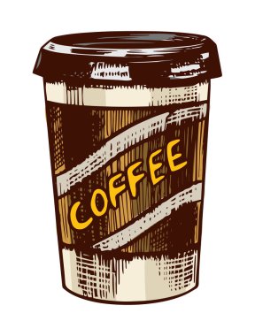 Latte kahve vintage tarzı gitmek için. Etiketler için elle çizilmiş oyulmuş retro kroki. Sıcak içecek. Etiket veya menü için Cappuccino şablonu.