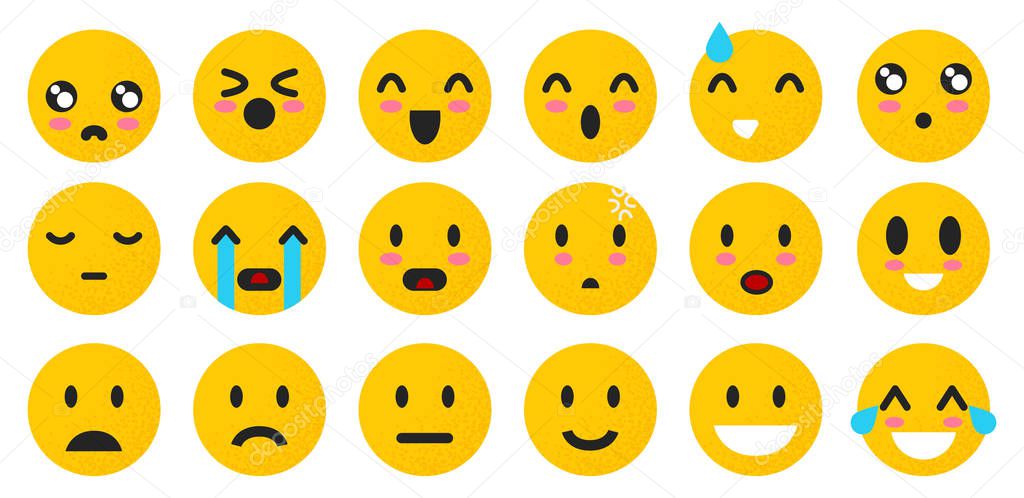 Set of yellow Emoticons. Isolated smile face. Emoji Mood on white background . Vector illustration characters for applications and games. Happiness and joy, anger and cry.