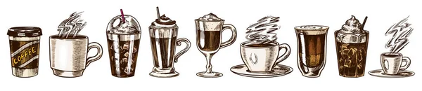 Set of cups of coffee in vintage style. Take away Cappuccino and Glace, espresso and latte, mocha and Americano, frappe in a glass. Hand drawn engraved retro sketch. — Stock Vector