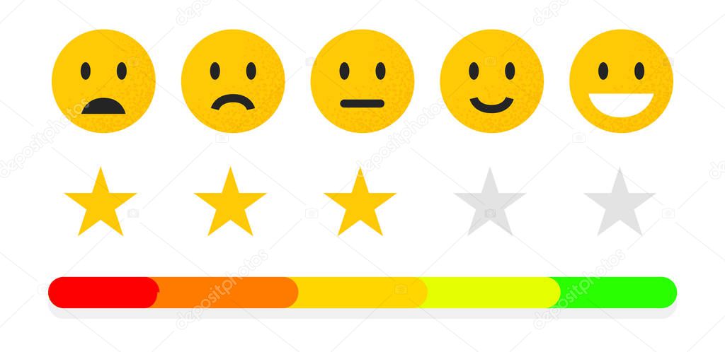 Feedback or quality control. Rating mood with smiles, emoji or smile face. User review of service. Vector icons positive, neutral and sad. 