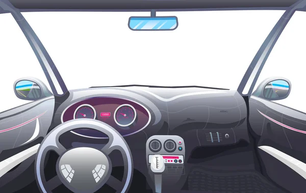 Araç salonu, Sürücü görünümü. Akıllı bir arabada gösterge paneli kontrolü. Sanal kontrol veya otomatik pilotlu simülasyon. Otonom Elektrikli Otomobil. Vektör çizimi. — Stok Vektör