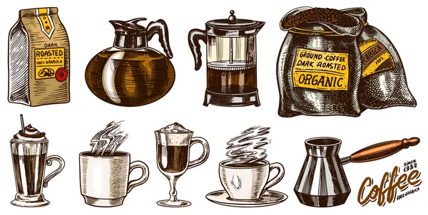 Kawa w stylu Vintage. Worek ziarna, laski cynamonu, filiżanka i czajniczek, ekspres do kawy. Ręcznie rysowane grawerowane retro szkic etykiet. — Wektor stockowy