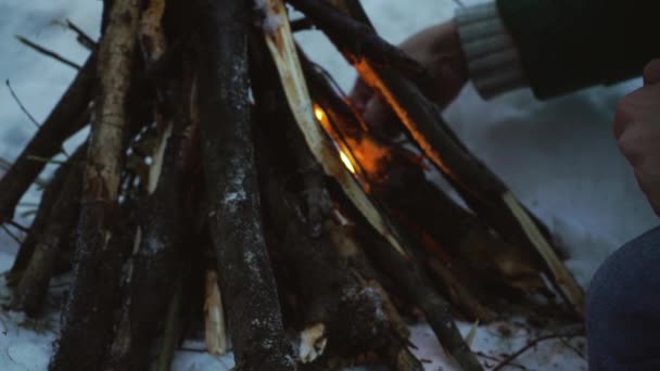 Faz uma fogueira de perto. Guy Bask na fogueira. Viagem noturna à floresta. Fogueira para um churrasco. Conceito ativo de férias . — Vídeo de Stock