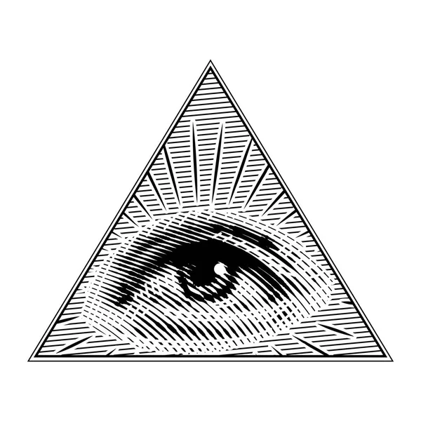 Human eye in a triangle in vintage style. Geometric sacred look. Visual System, Sensory Organ Components. Alchemy or esoteric symbol. Hand drawn engraved sketch for print t shirt or tattoo. — Stock Vector