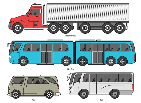 Araba vücut stili. Anahat Toplu taşıma ve Yolcu Coupe. Şehir otobüsü, renkli ağır kamyon, karikatür Van. Üç ve beş kapılı araba. Monoline doodle simgeleri kümesi.