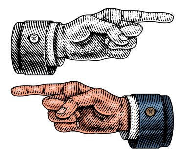 Erkek elini gösteriyor. Oyulmuş Forefinger yönetmenleri. Vintage retro tarzında Kroki. Kol hareketlerini tek renkli tarzda kapatın. Web sitesi veya etiket için iş kavramı.