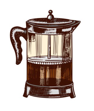 Vintage tarzda kahve yapmak için Fransız basın. Etiketler için elle çizilmiş oyulmuş retro kroki. Cappuccino veya espresso demleme, etiket veya menü için şablon.