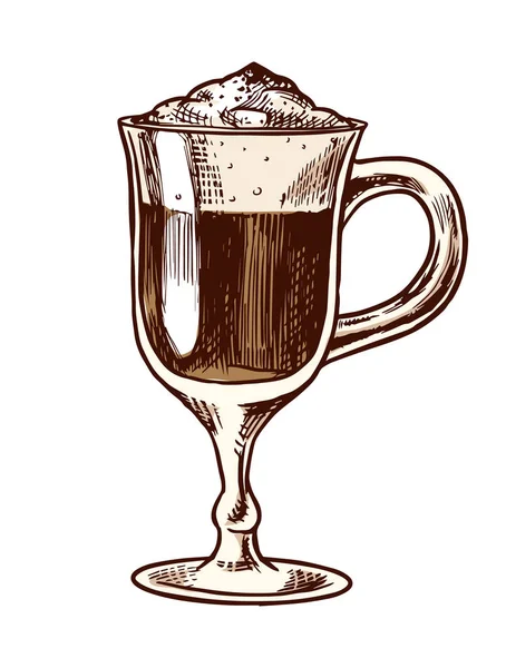 Una taza de café con leche en estilo vintage. Dibujo retro grabado a mano para etiquetas. Bebida caliente. Plantilla de capuchino para una etiqueta o menú . — Vector de stock