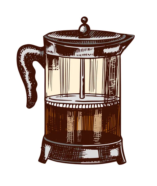 Francouzský tisk pro výrobu kávy ve stylu ročníku. Ručně vykreslená retro náčrt pro štítky. Vaření cappuccino nebo espreso, šablona pro štítek nebo nabídku. — Stockový vektor