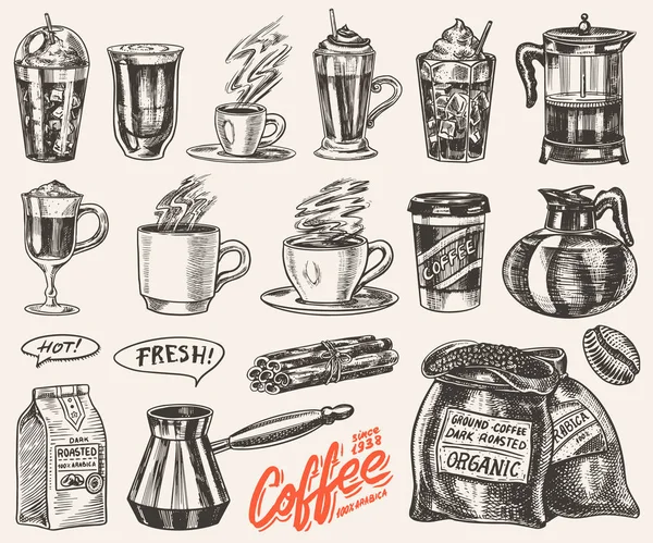 Zestaw filiżanek kawy w stylu Vintage. Na wynos cappuccino i Glace, espresso i latte, Mocha i Americano, frappe w szklance. Ręcznie rysowane grawerowane retro szkic. — Wektor stockowy
