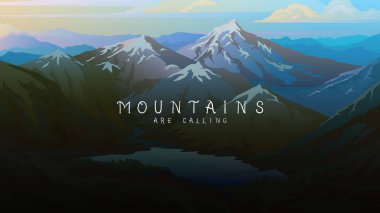 Katmanlı dağlar afiş. Koyu mavi manzara ve pastel gün batımı. İsviçre vadisinde ve Avusturya Alpleri'nde ve ormanlarda sis. Seyahat posteri için Vektör Arka Planı.