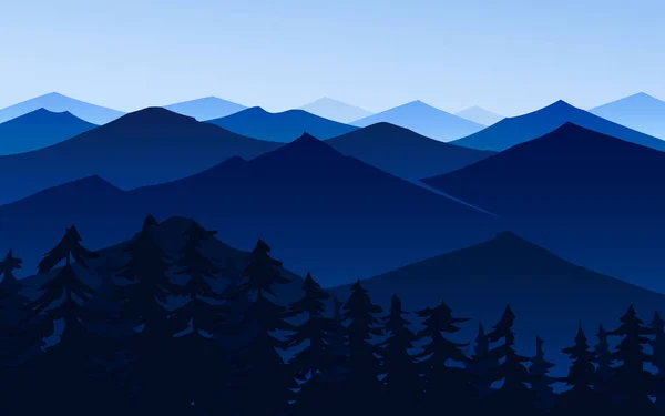 Montagne blu scuro. Incredibile Foggy paesaggio stratificato. Concetto di trekking e campeggio. Alpi svizzere o austriache, tramonto e bosco. Illustrazione vettoriale Sfondo per banner o poster di viaggio . — Vettoriale Stock