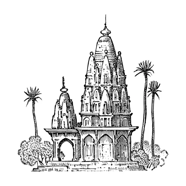Templo nacional indio. Antiguo edificio antiguo. Dibujado a mano grabado en estilo de boceto vintage. Cultura étnica . — Vector de stock
