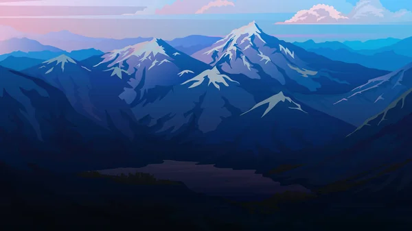 Montañas azules oscuras. Paisaje en capas y puesta de sol pastel. Concepto de senderismo y camping. Increíble niebla en el valle suizo y los Alpes austríacos. Ilustración vectorial Fondo para banner o póster de viaje — Vector de stock