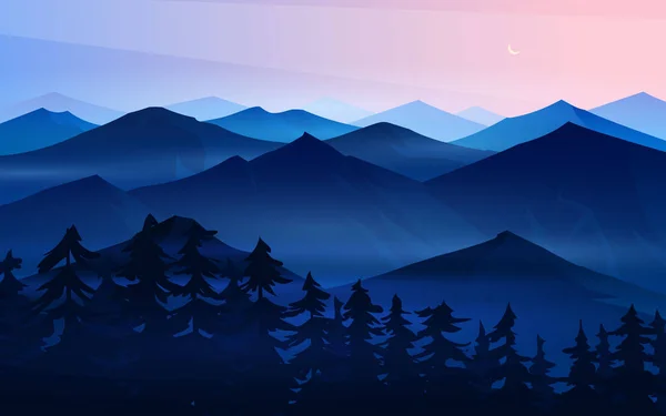 Koyu mavi dağlar. Katmanlı manzara ve pastel gün batımı. Yürüyüş ve kamp konsepti. İsviçre vadisinde, Avusturya Alpleri'nde ve ormanlarda Inanılmaz Sis. Seyahat afişi veya posteri için Vektör Arka Planı. — Stok Vektör