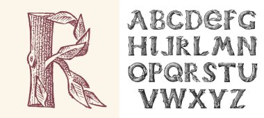 Orman posterleri için antika ahşap Font. Dekoratif antik alfabe. Vintage yazı tipi. Çift pozlama Ağaçlar ve dalları. Kullanılabilir ve katmanlı. Afişler için el çizilmiş Vektör modern harfler.