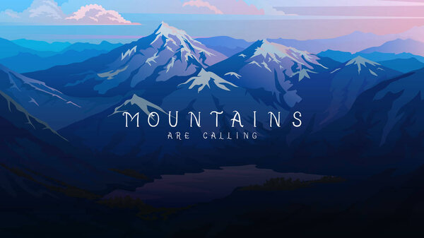 Layered mountains banner. Dark blue landscape and pastel sunset. Hiking and camping concept. Unbelievable Fog in the swiss valley and Austrian Alps and forest. Vector Background for travel poster.