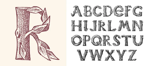 Antike Holzschrift für Waldplakate. dekoratives altes Alphabet. Jahrgangsschrift. Bäume und Äste mit doppelter Belichtung. editierbar und mehrschichtig. handgezeichnete Vektor moderne Buchstaben für Banner. — Stockvektor