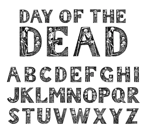 Ölüler Günü posterleri için iskeletleri olan antika eski Font. Antik tarzda dekoratif Gotik alfabe. Vintage yazı tipi. Kullanılabilir ve katmanlı monogram. Afişler için el çizilmiş Vektör modern harfler — Stok Vektör