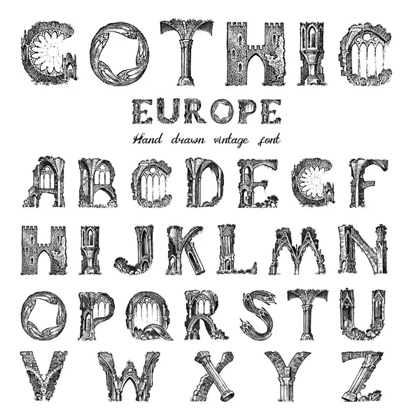 Antik tarzda dekoratif Gotik alfabe. Etiketler için antika eski Font. Vintage yazı tipi. Kullanılabilir ve katmanlı monogram. El çizilmiş Vektör modern harfler. — Stok Vektör