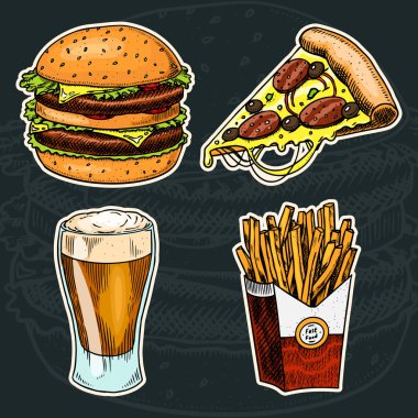 Abur cubur, Burger ve pizza, bira ve patates kızartması siyah bir arka plan üzerinde. Restoran menüsü için Vintage Sketch. Retro tarzda elle çizilmiş çıkartmalar.