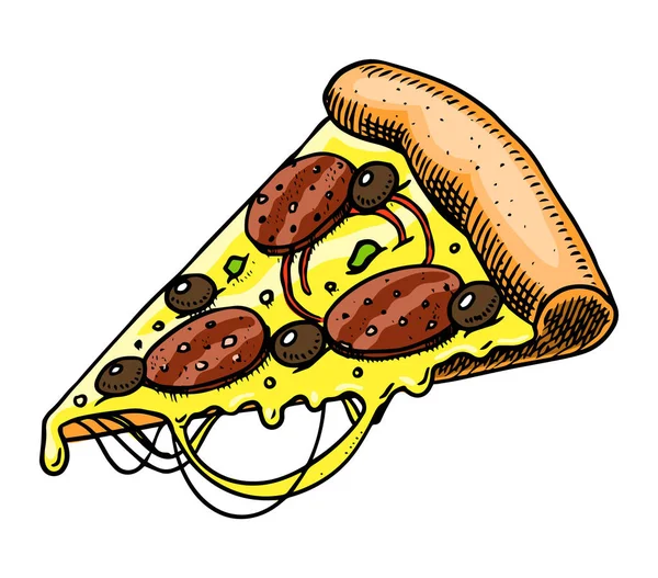 Un trozo de pizza. Comida rápida en estilo vintage. Ilustración dibujada a mano para una etiqueta o insignia . — Vector de stock