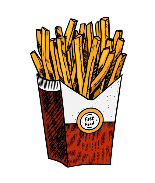 French fries in vintage style. Fast food illustration for banners or posters. Hand drawn sticker. — Stock Vector