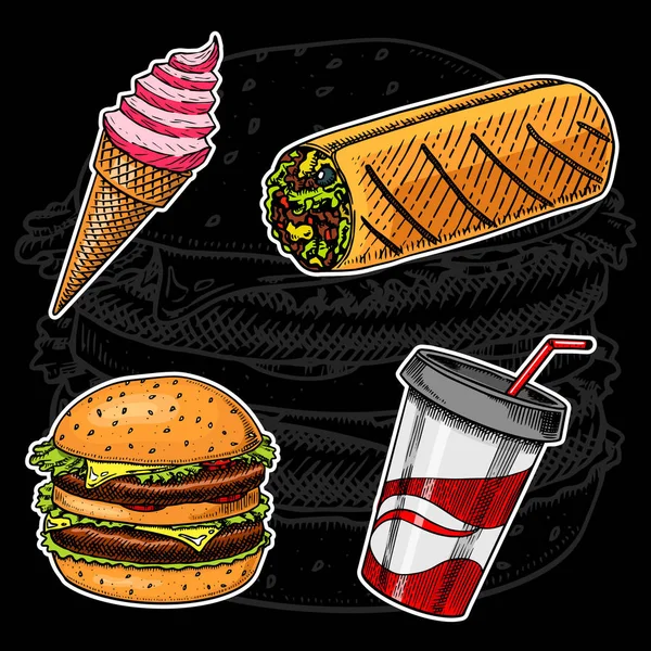 Junk Fast Food, Sandwich et Crème glacée, Burger et Boissons gazeuses sur fond noir. Esquisse vintage pour menu de restaurant. Autocollants dessinés à la main dans un style rétro . — Image vectorielle