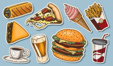 Fast food, burger ve hamburger, taco ve hot dog, burrito ve bira, içecek ve dondurma. Restoran menüsü için klasik çizim. El yazması çıkartmalar eski usul.
