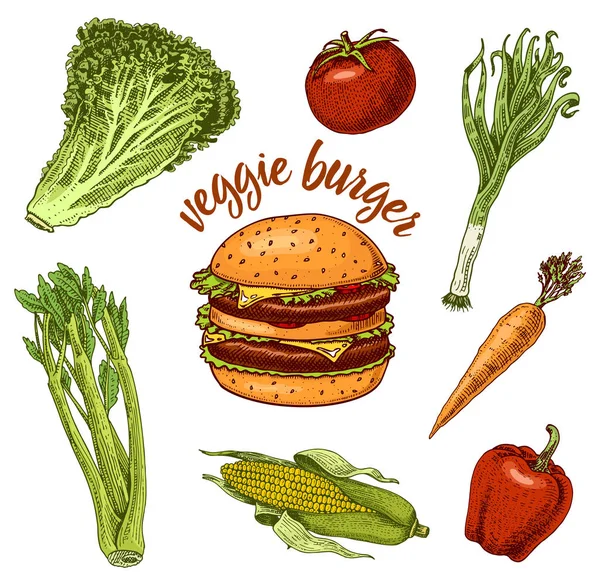 Vegan Sebze Burger. Sandviç Malzemeleri. Salata ve domates, havuç ve biber, mısır ve kereviz. Organik dükkan için İllüstrasyon. Vintage tarzda el çizilmiş çizim — Stok Vektör