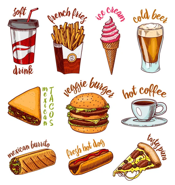 Basura Comida rápida, hamburguesa y hamburguesa, tacos y hot dog, burrito y cerveza, bebida y helado. Vintage Sketch para logo y etiquetas. Pegatinas dibujadas a mano en estilo retro . — Archivo Imágenes Vectoriales