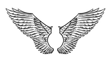 Vintage tarzda melek kanadı. Dövme ve amblemler, t-shirt ve logo için şablon. Çıkartmalar için amblem. Oyulmuş çizim. Vektör çizimi.