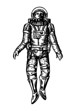 Uzayda yükselen Uzay Adamı. Güneş sistemindeki astronot. Kazınmış el vintage tarzı eski kroki çizilmiş.