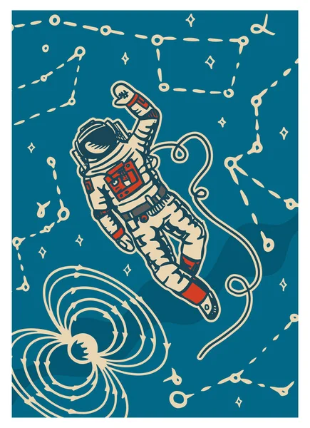 Набор винтажных космических знамен. Галактический плакат в стиле ретро. Планеты и вселенная, астронавт или астроном в невесомости, космический корабль и наука. Ручная гравировка векторного шаблона на синем фоне — стоковый вектор