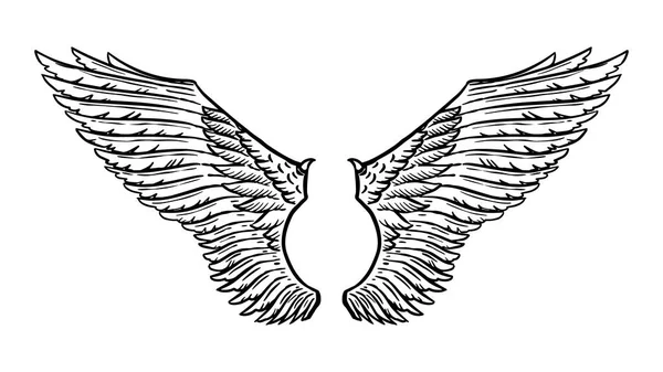 Ala de anjo em estilo vintage. Modelo para tatuagem e emblemas, camisetas e logotipo. Emblema para adesivos. Esboço gravado. Ilustração vetorial . — Vetor de Stock