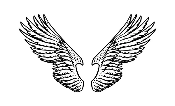 Крыло ангела в винтажном стиле. Шаблон для татуировок, футболок и логотипа. Эмблема для наклеек. Выгравированный эскиз. Векторная иллюстрация . — стоковый вектор