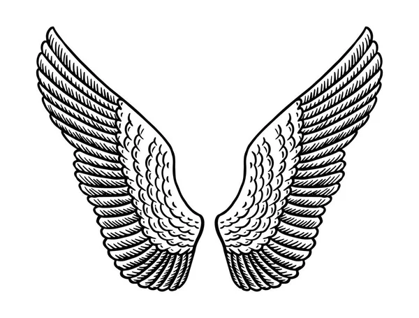 Крыло ангела в винтажном стиле. Шаблон для татуировок, футболок и логотипа. Эмблема для наклеек. Выгравированный эскиз. Векторная иллюстрация . — стоковый вектор