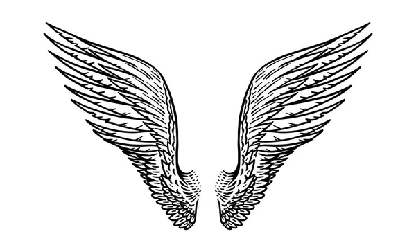 Ala de anjo em estilo vintage. Modelo para tatuagem e emblemas, camisetas e logotipo. Emblema para adesivos. Esboço gravado. Ilustração vetorial . — Vetor de Stock