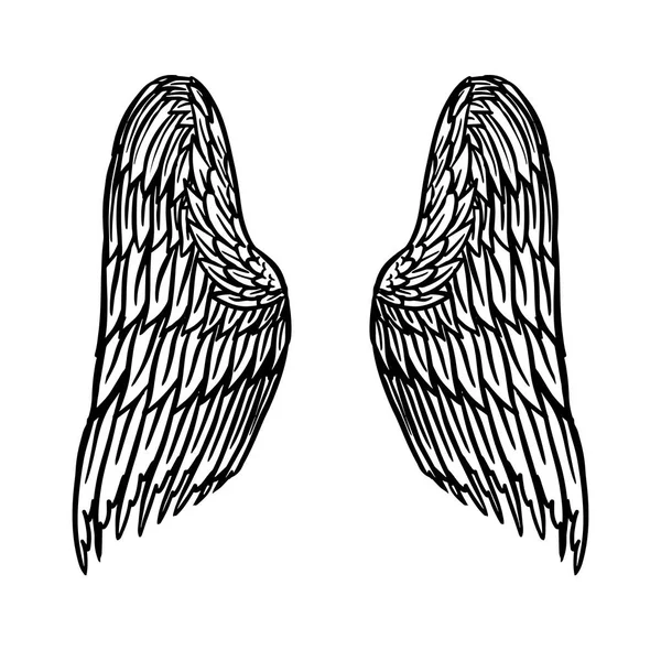 Ala de anjo em estilo vintage. Modelo para tatuagem e emblemas, camisetas e logotipo. Emblema para adesivos. Esboço gravado. Ilustração vetorial . —  Vetores de Stock