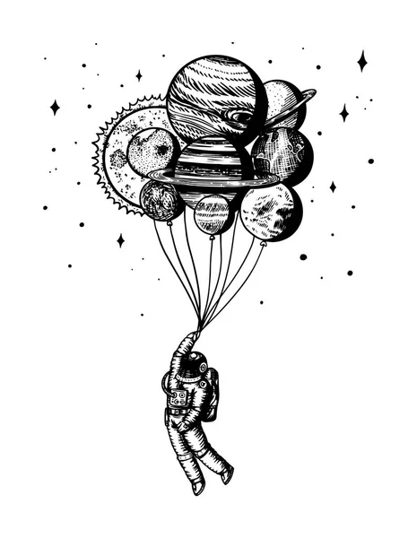 Soaring Spaceman. Astronauta z planetami. Balony w kosmosie. Człowiek w układzie słonecznym. Grawerowane ręcznie rysowane stary szkic w stylu Vintage. — Wektor stockowy